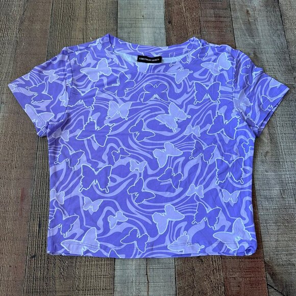 Streetwear Society XL Purple Butterfly Print Crop Top 92% Polyester 8% Spandex - Picture 1 of 7
